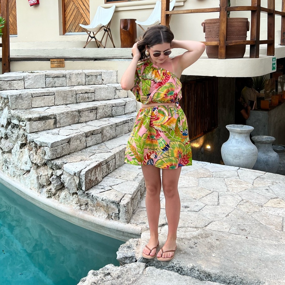 Farm Rio Macaw Leaves Mini Dress